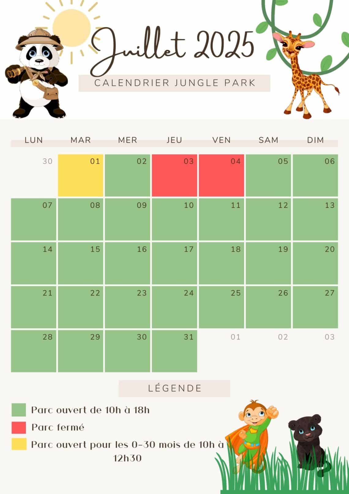 Calendrier du mois de juillet 2025